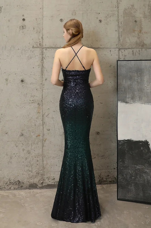 Ombre Sequins Halter Prom Dress Long Mermaid Evening Gowns-BallBride