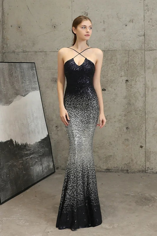 Ombre Sequins Halter Prom Dress Long Mermaid Evening Gowns-BallBride
