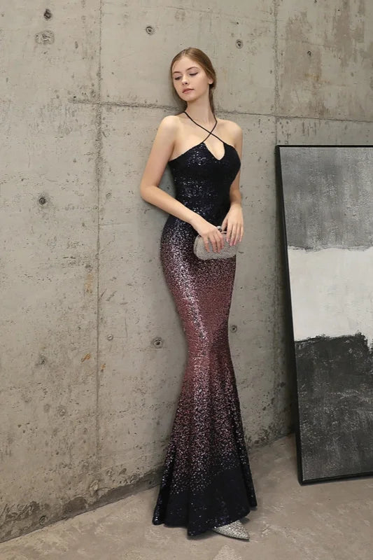 Ombre Sequins Halter Prom Dress Long Mermaid Evening Gowns-BallBride