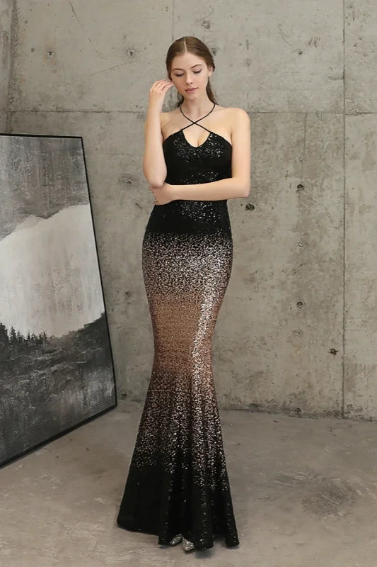 Ombre Sequins Halter Prom Dress Long Mermaid Evening Gowns-BallBride