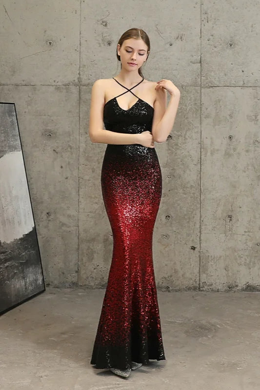 Ombre Sequins Halter Prom Dress Long Mermaid Evening Gowns-BallBride
