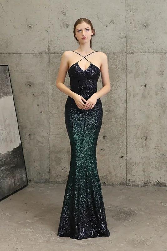 Ombre Sequins Halter Prom Dress Long Mermaid Evening Gowns-BallBride