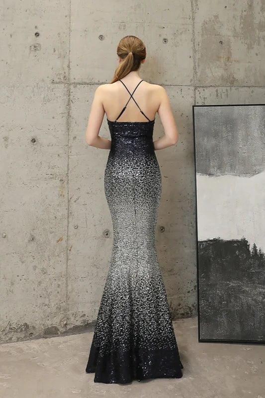 Ombre Sequins Halter Prom Dress Long Mermaid Evening Gowns-BallBride
