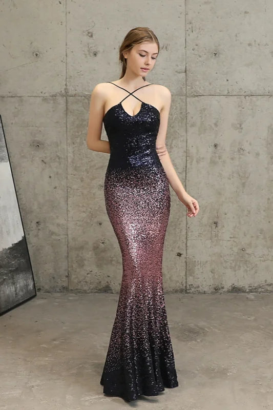 Ombre Sequins Halter Prom Dress Long Mermaid Evening Gowns-BallBride