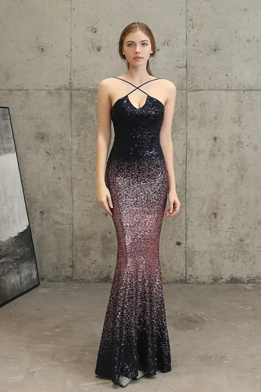 Ombre Sequins Halter Prom Dress Long Mermaid Evening Gowns-BallBride