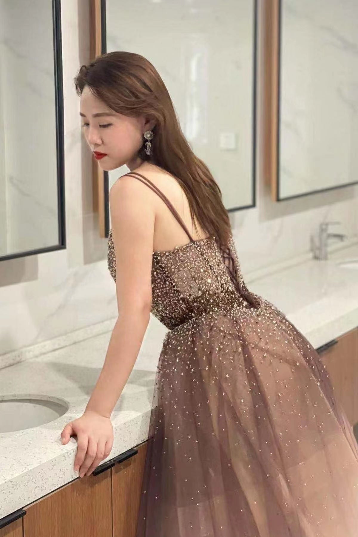 Ombre Tulle Prom Dress With Sequins Beads and Spaghetti-Straps Deep V-Neck-BallBride