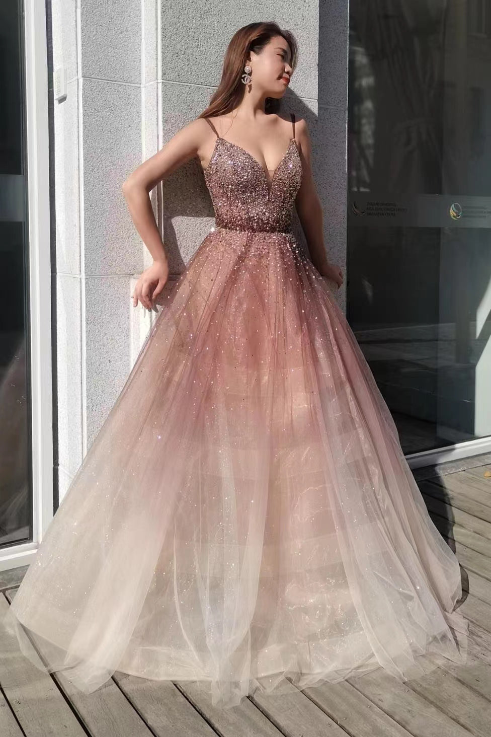 Ombre Tulle Prom Dress With Sequins Beads and Spaghetti-Straps Deep V-Neck-BallBride