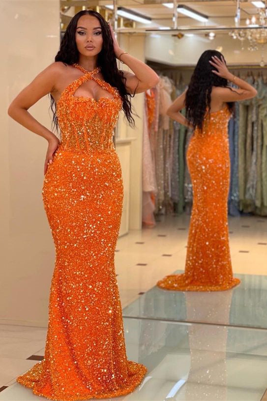 On Sale: Classic Orange Halter Sleeveless Sequins Evening Dress Long Mermaid-BallBride