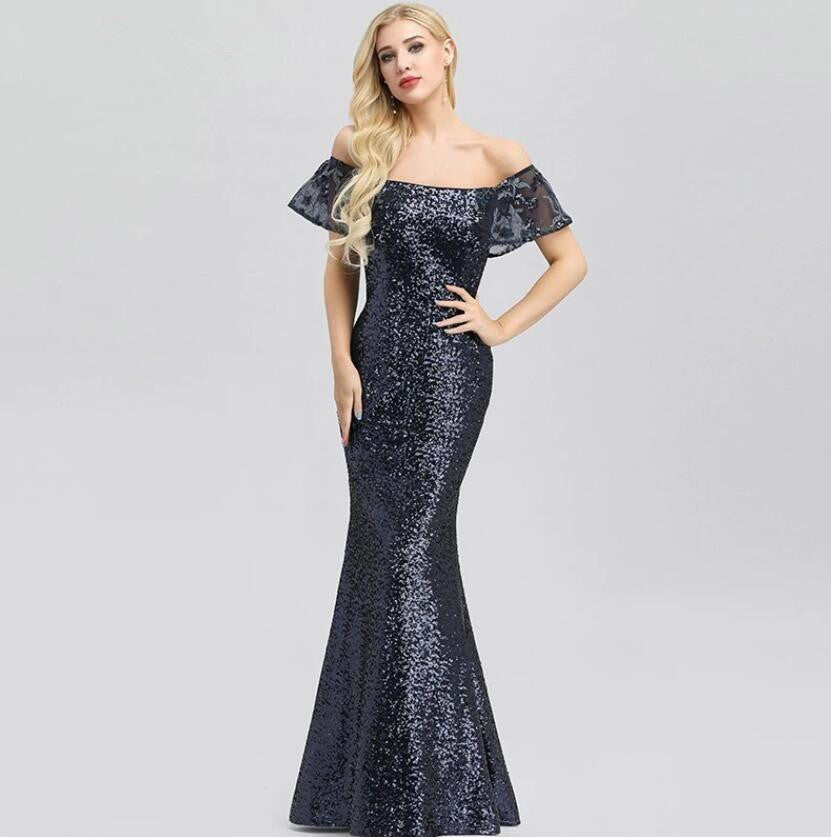 On Sale: Elegant Off-the-Shoulder Long Sequins Prom Dresses with Ruffles Evening Gowns-BallBride