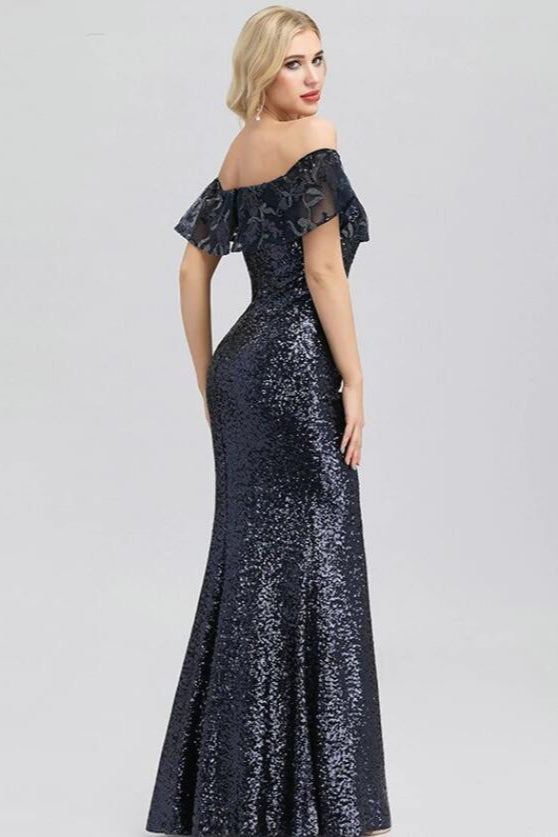 On Sale: Elegant Off-the-Shoulder Long Sequins Prom Dresses with Ruffles Evening Gowns-BallBride