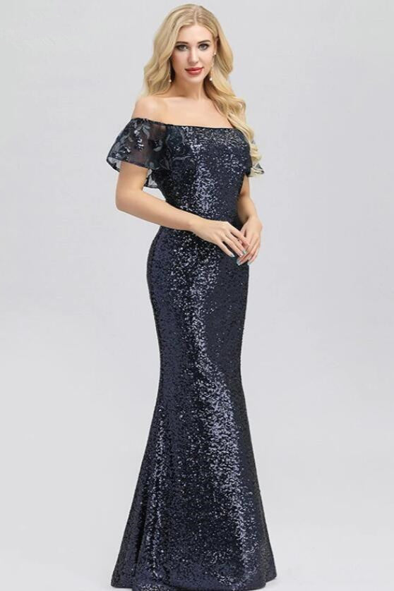 On Sale: Elegant Off-the-Shoulder Long Sequins Prom Dresses with Ruffles Evening Gowns-BallBride