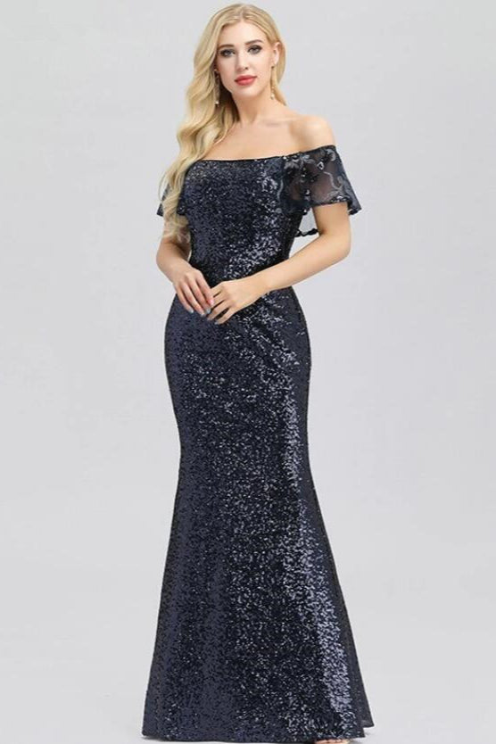 On Sale: Elegant Off-the-Shoulder Long Sequins Prom Dresses with Ruffles Evening Gowns-BallBride