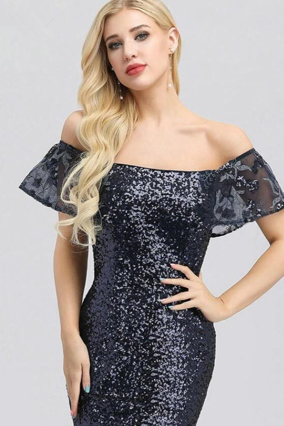 On Sale: Elegant Off-the-Shoulder Long Sequins Prom Dresses with Ruffles Evening Gowns-BallBride
