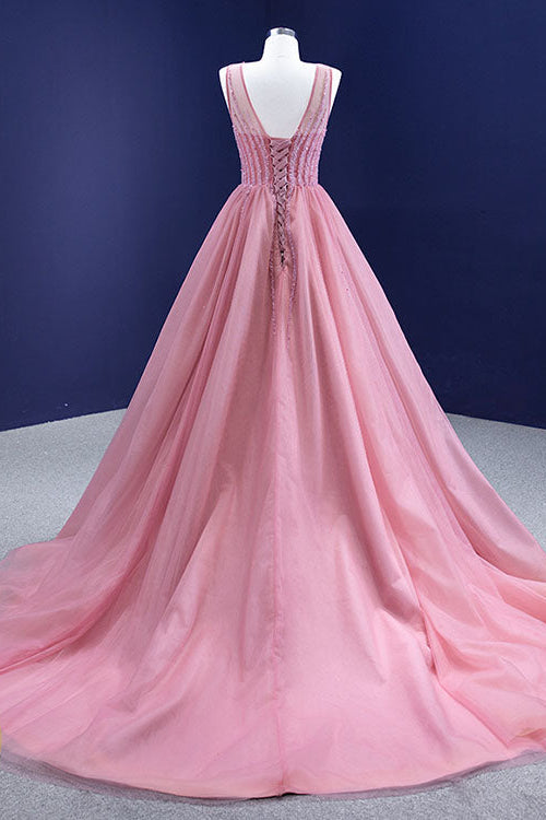 On Sale: Gorgeous Pink A-line Prom Dress with Tulle and Sleeveless Beadings-BallBride