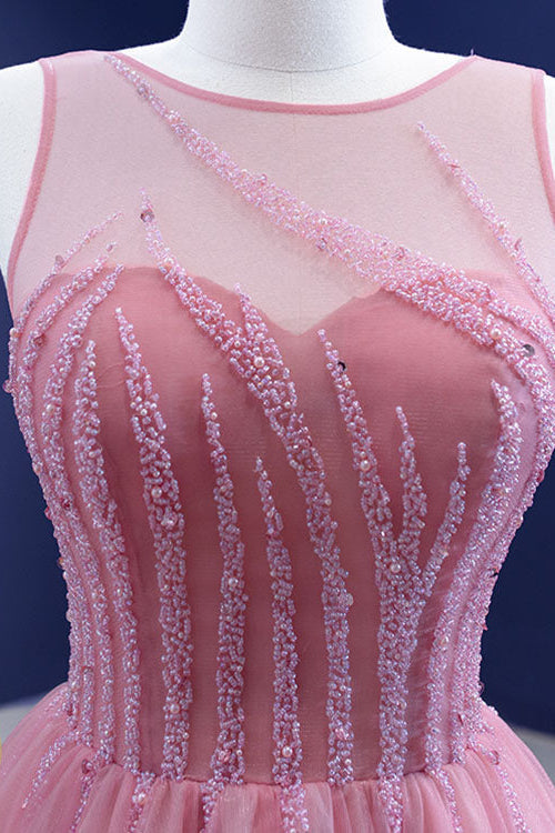 On Sale: Gorgeous Pink A-line Prom Dress with Tulle and Sleeveless Beadings-BallBride