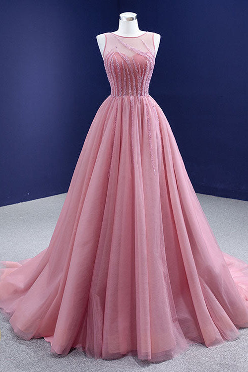 On Sale: Gorgeous Pink A-line Prom Dress with Tulle and Sleeveless Beadings-BallBride