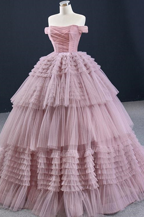 On Sale! Lotus Ball Grown Tulle Prom Dress With Strapless Off-The-Shoulder Layered Design-BallBride