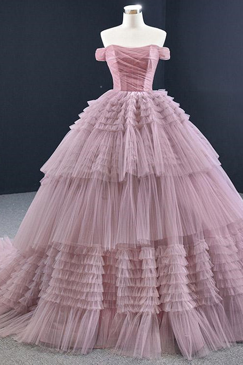 On Sale! Lotus Ball Grown Tulle Prom Dress With Strapless Off-The-Shoulder Layered Design-BallBride