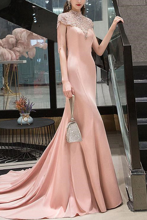 On Sale: Pink Mermaid Evening Dress with Beadings and Tassels-BallBride