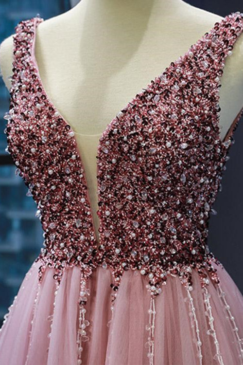 On Sale: Pink V-Neck Mermaid Sleeveless Prom Dress With Beadings-BallBride