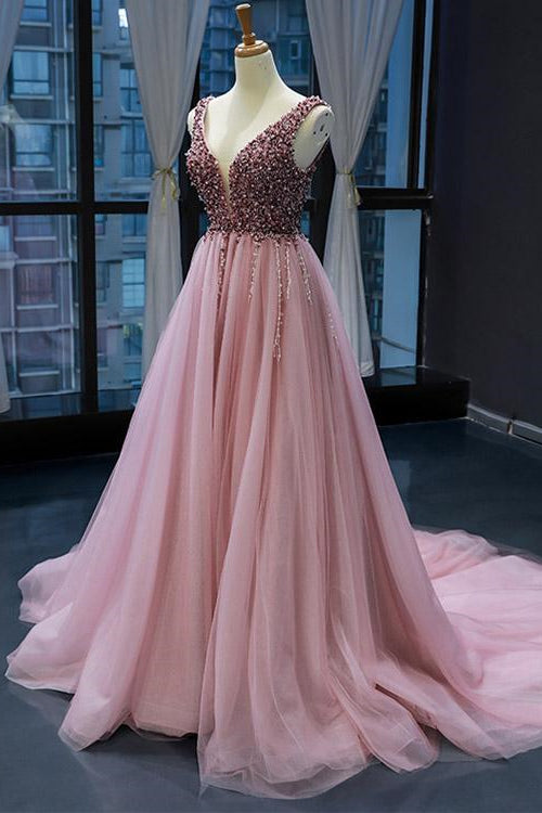 On Sale: Pink V-Neck Mermaid Sleeveless Prom Dress With Beadings-BallBride