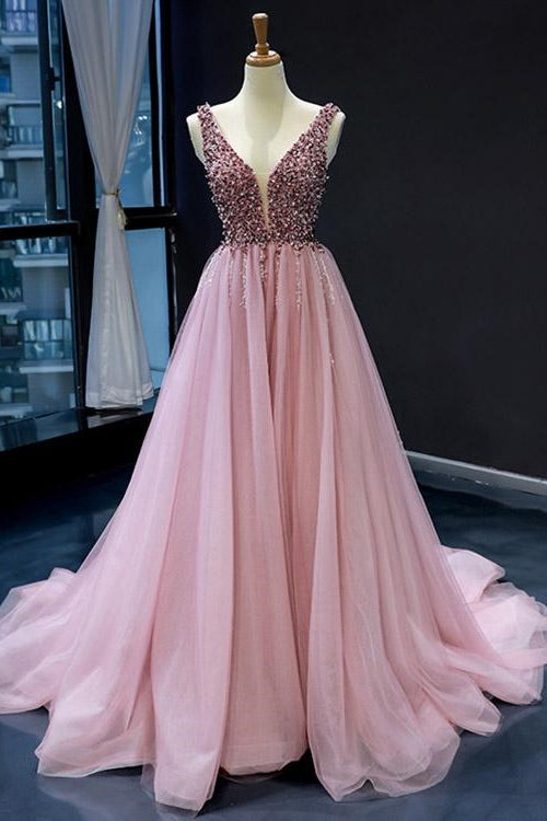 On Sale: Pink V-Neck Mermaid Sleeveless Prom Dress With Beadings-BallBride