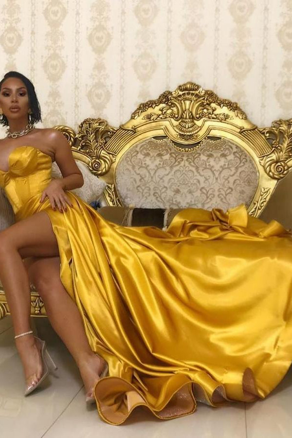 On Sale: Yellow Gold Sweetheart Slit Prom Dress Long-BallBride