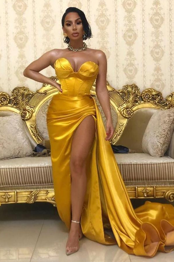 On Sale: Yellow Gold Sweetheart Slit Prom Dress Long-BallBride