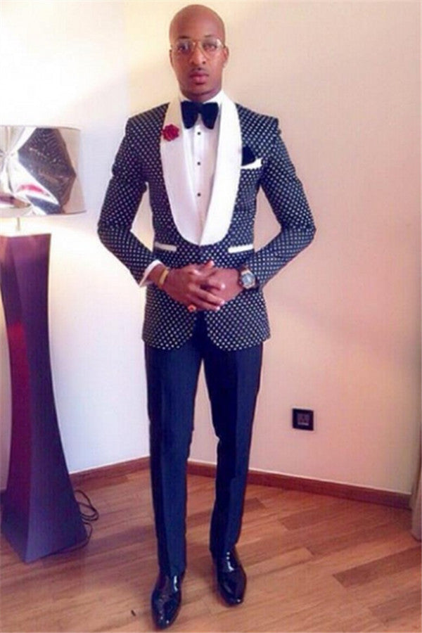 One Button Navy Blue Polka Dot Shawl Lapel Suit for Men's Party-BallBride
