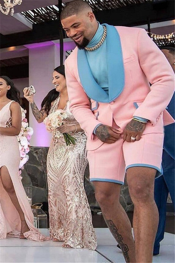One-Button Pink Shawl Lapel Jacquard Wedding Suit-BallBride
