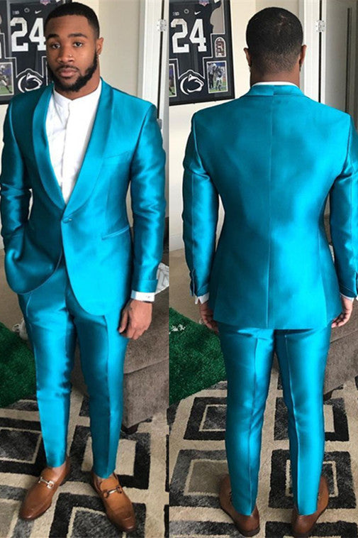One-Button Reception Suit for Groom, Sparkly Blue with Shawl Lapel-BallBride