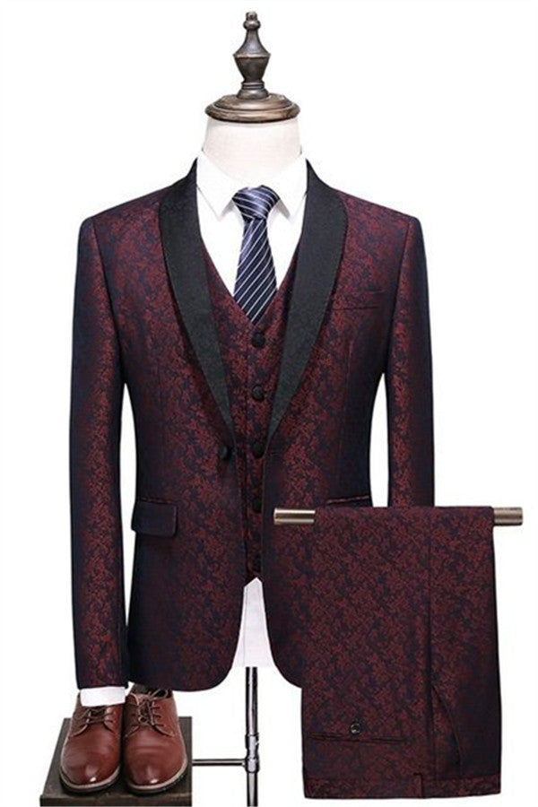 One Button Three Pieces Short Fit Suit with Burgundy Check Design-BallBride