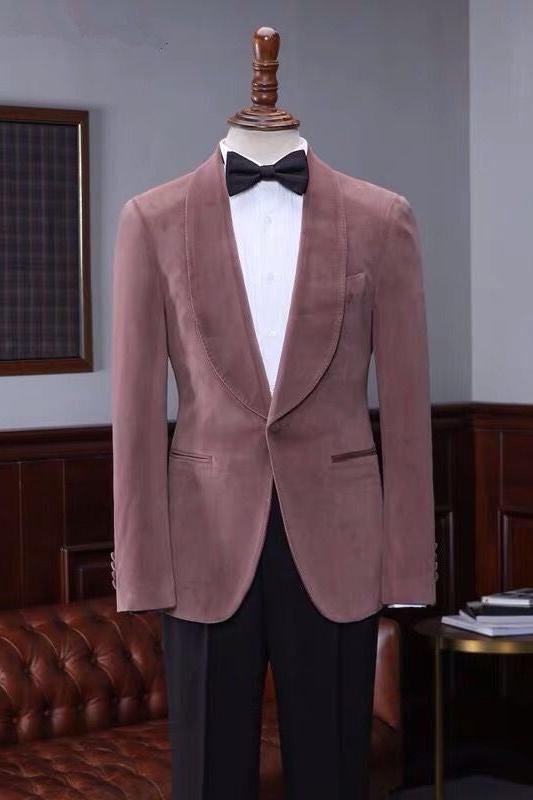 One Button Wedding Suit in Classic Pink Velvet Shawl Lapel for Men-BallBride