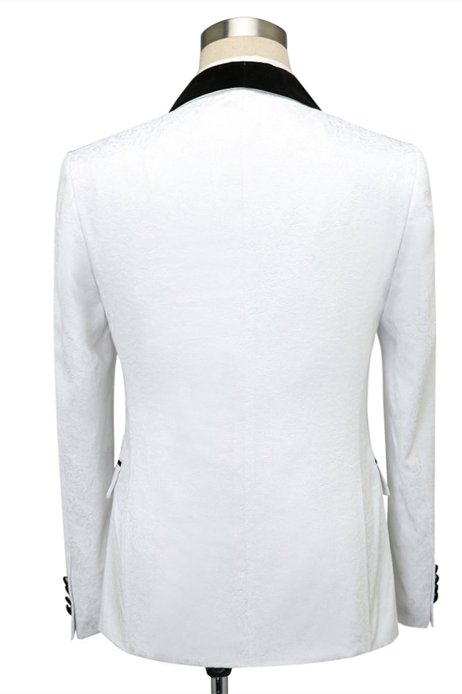 One Button White Jacquard Wedding Tuxedo With Black Lapel-BallBride