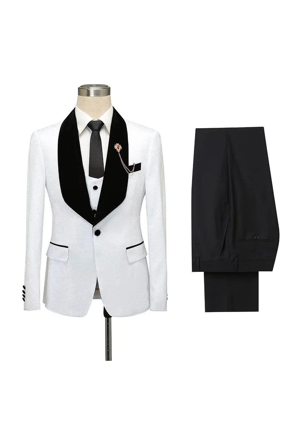 One Button White Jacquard Wedding Tuxedo With Black Lapel-BallBride
