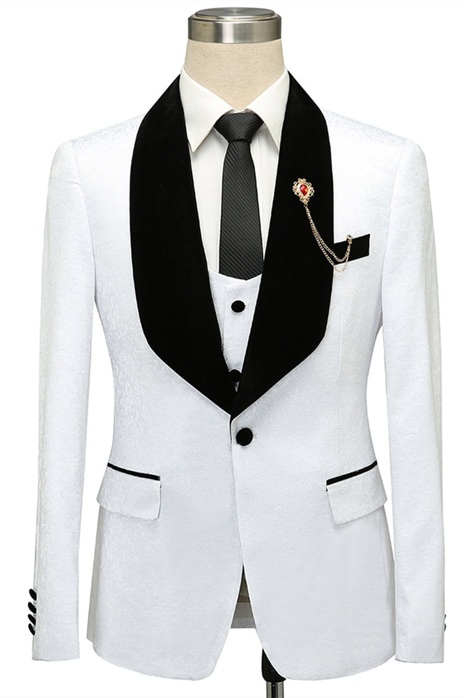 One Button White Jacquard Wedding Tuxedo With Black Lapel-BallBride