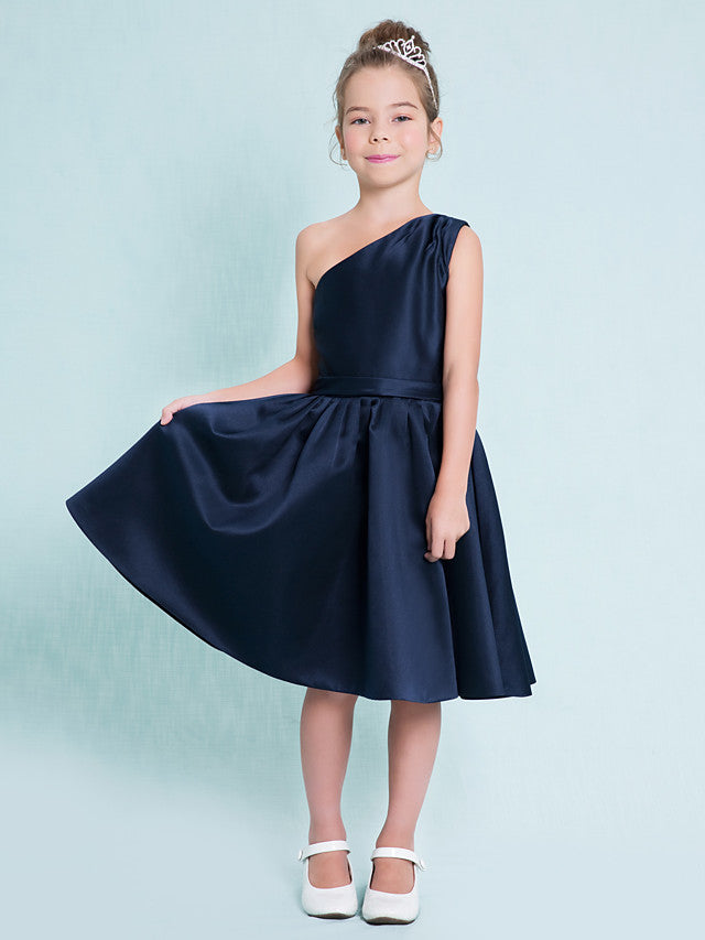 One Shoulder A-Line Satin Junior Flower Girl Dress with Sash Ribbon Pleats and Knee Length Fit-BallBride