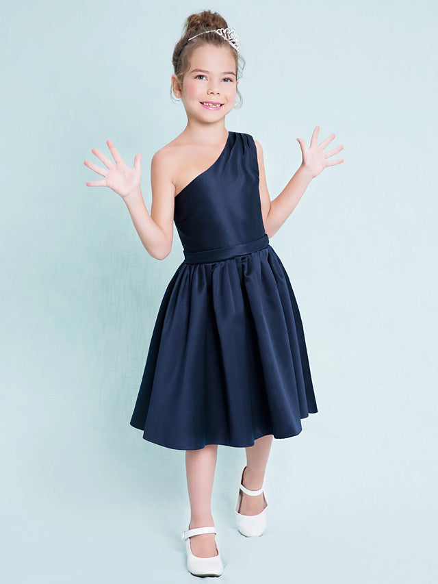 One Shoulder A-Line Satin Junior Flower Girl Dress with Sash Ribbon Pleats and Knee Length Fit-BallBride