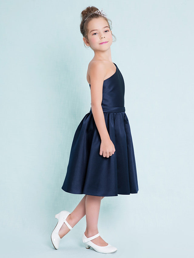 One Shoulder A-Line Satin Junior Flower Girl Dress with Sash Ribbon Pleats and Knee Length Fit-BallBride