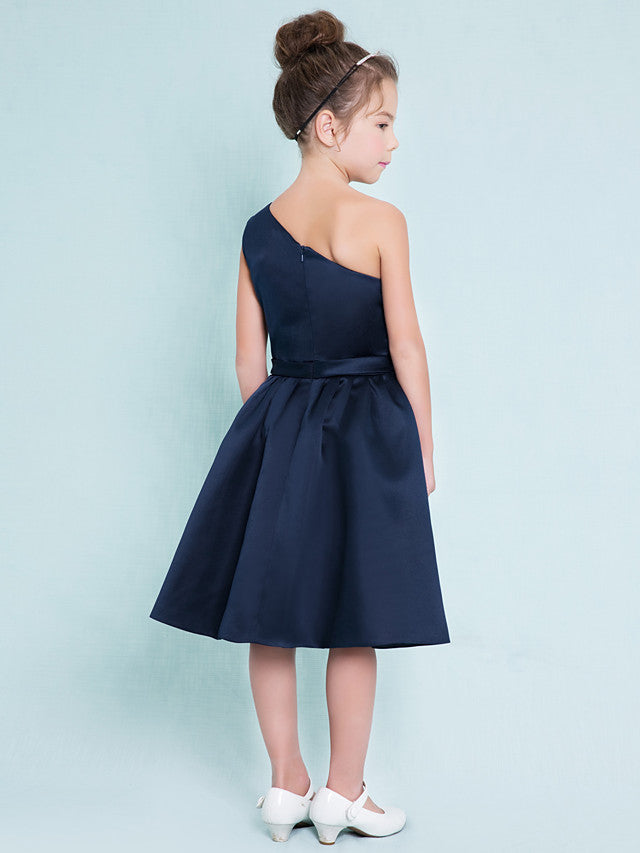 One Shoulder A-Line Satin Junior Flower Girl Dress with Sash Ribbon Pleats and Knee Length Fit-BallBride