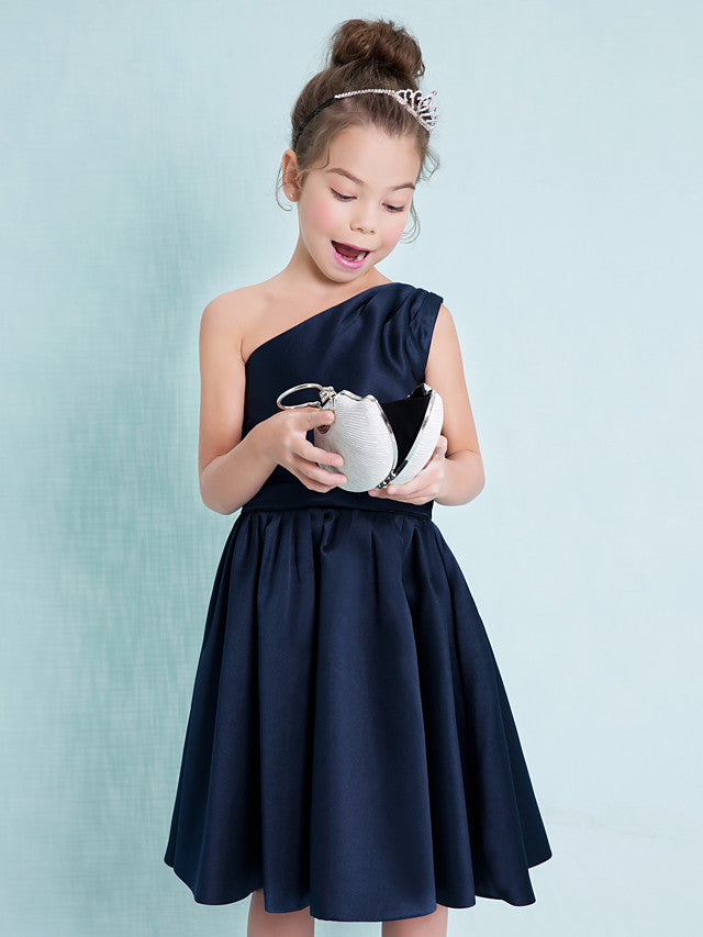 One Shoulder A-Line Satin Junior Flower Girl Dress with Sash Ribbon Pleats and Knee Length Fit-BallBride