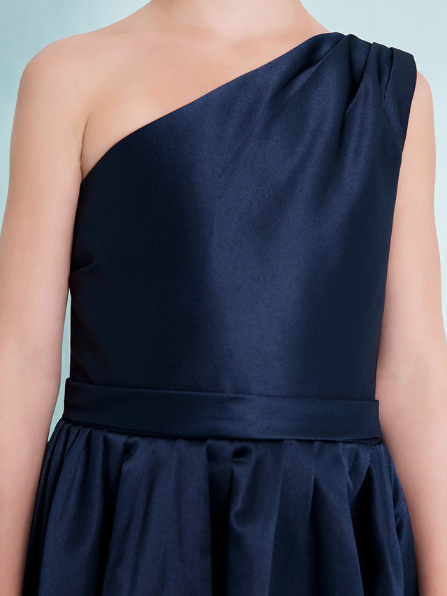 One Shoulder A-Line Satin Junior Flower Girl Dress with Sash Ribbon Pleats and Knee Length Fit-BallBride