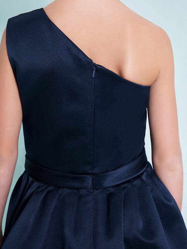 One Shoulder A-Line Satin Junior Flower Girl Dress with Sash Ribbon Pleats and Knee Length Fit-BallBride