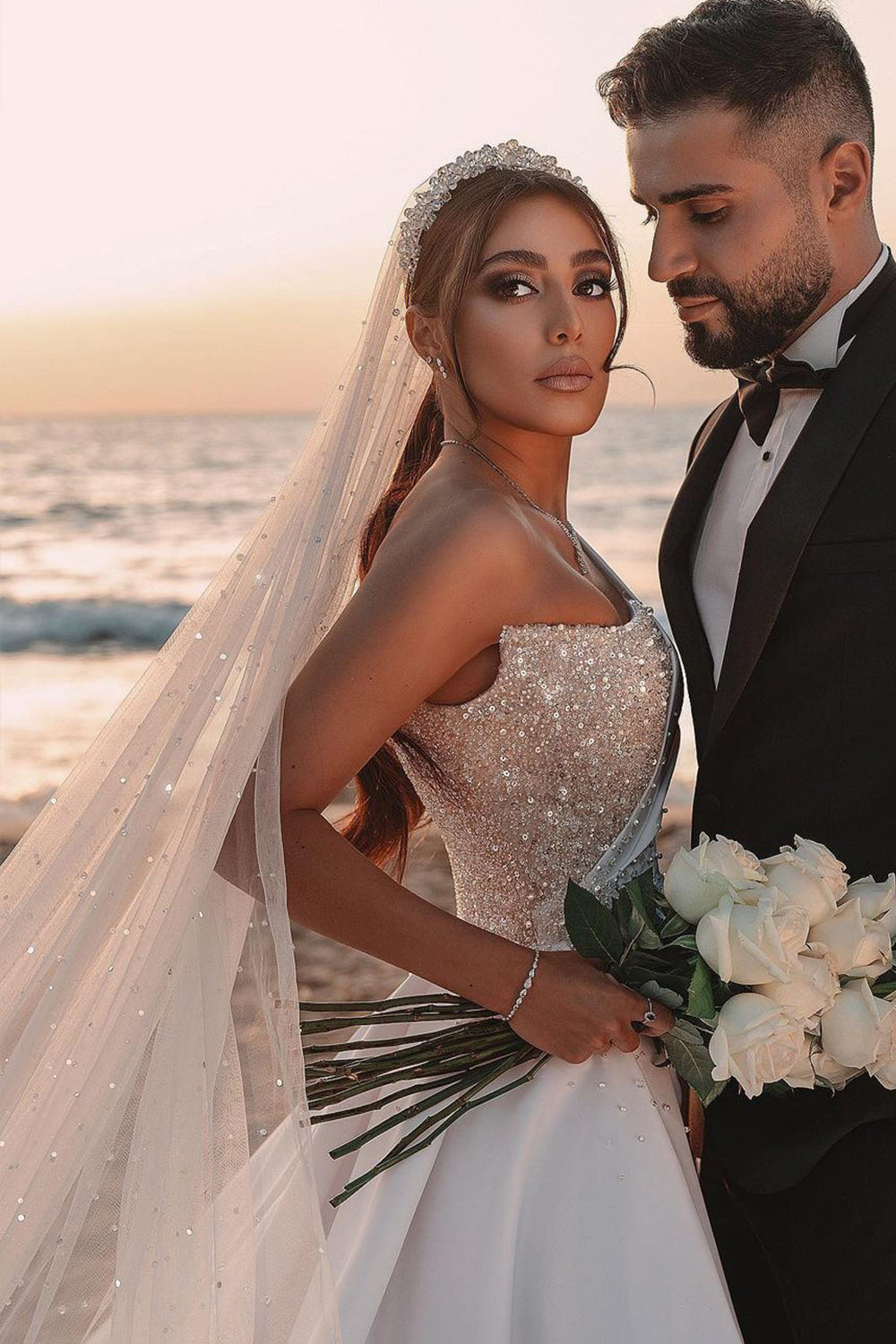 One Shoulder A-line Wedding Dress with Sequins and Long Sleeves-BallBride