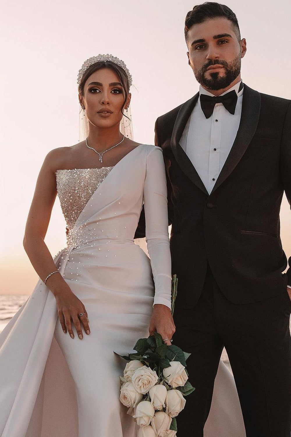 One Shoulder A-line Wedding Dress with Sequins and Long Sleeves-BallBride