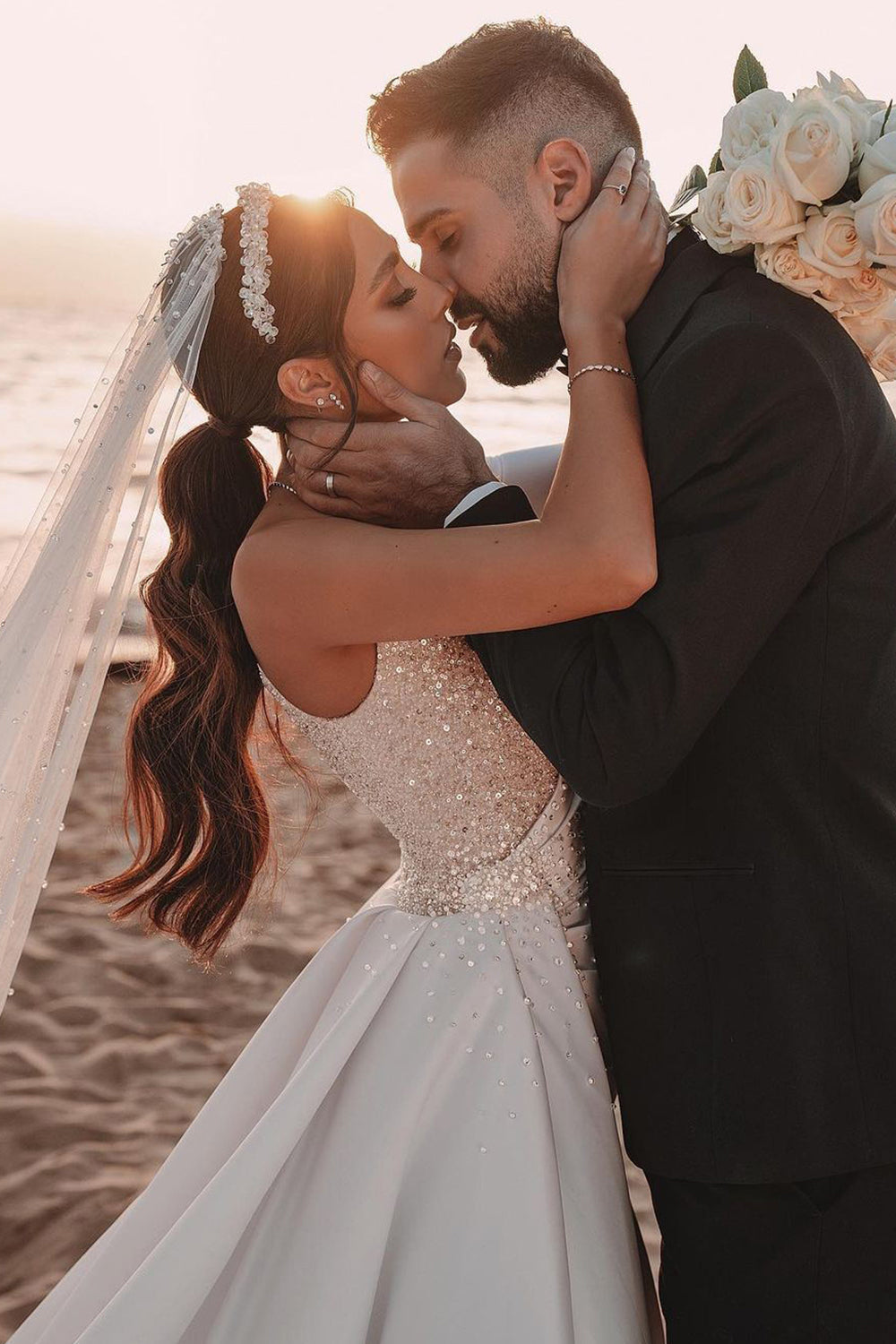 One Shoulder A-line Wedding Dress with Sequins and Long Sleeves-BallBride