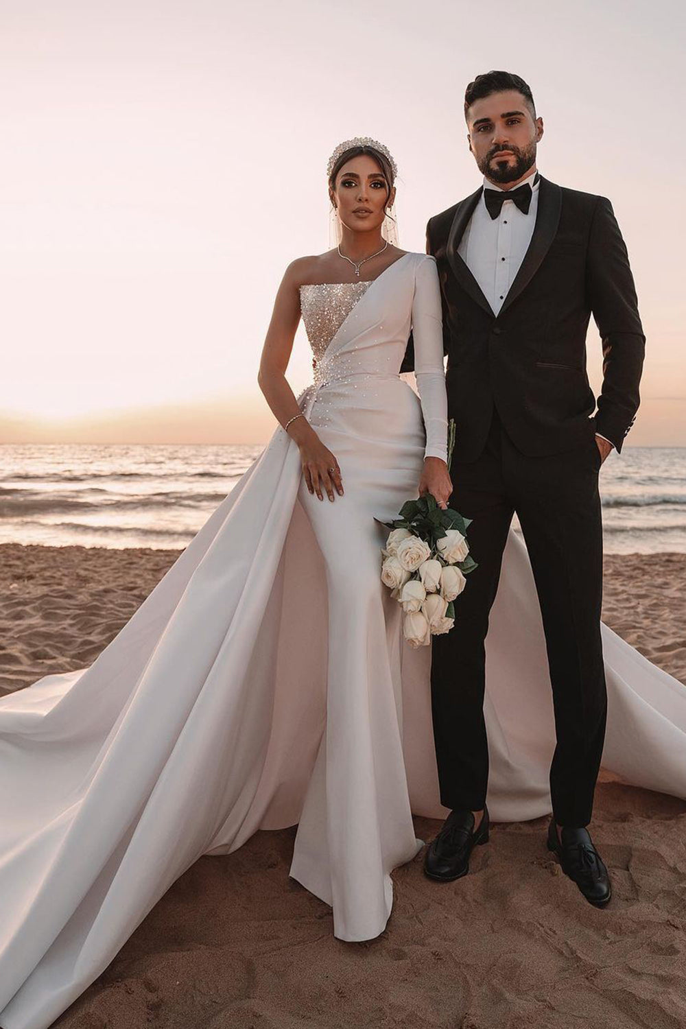 One Shoulder A-line Wedding Dress with Sequins and Long Sleeves-BallBride