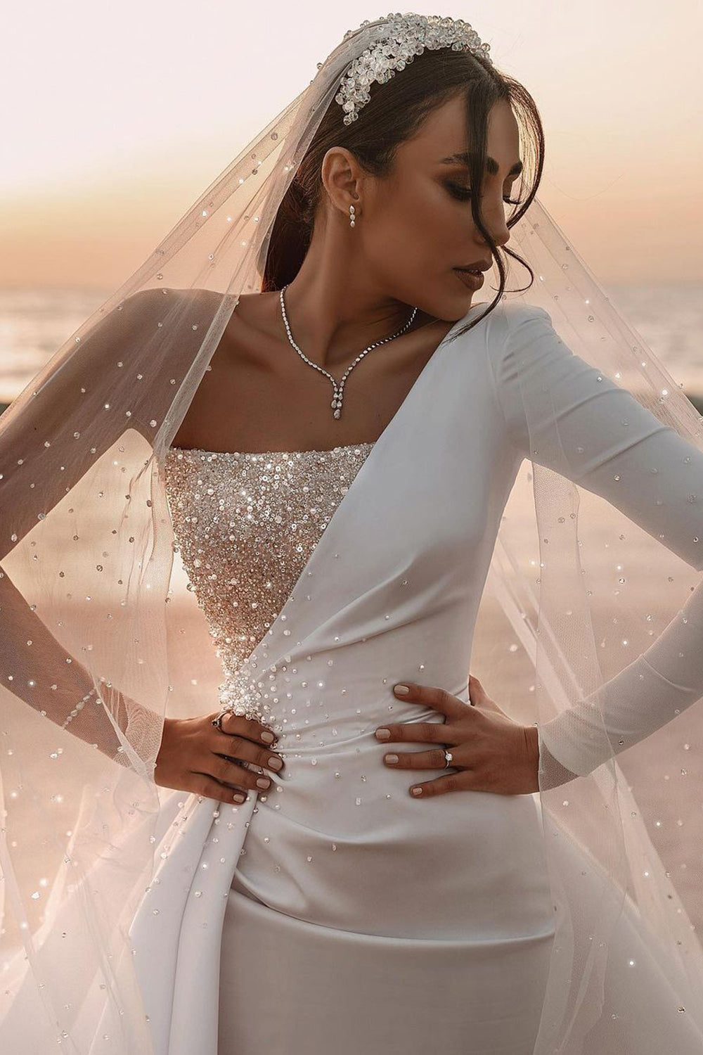 One Shoulder A-line Wedding Dress with Sequins and Long Sleeves-BallBride