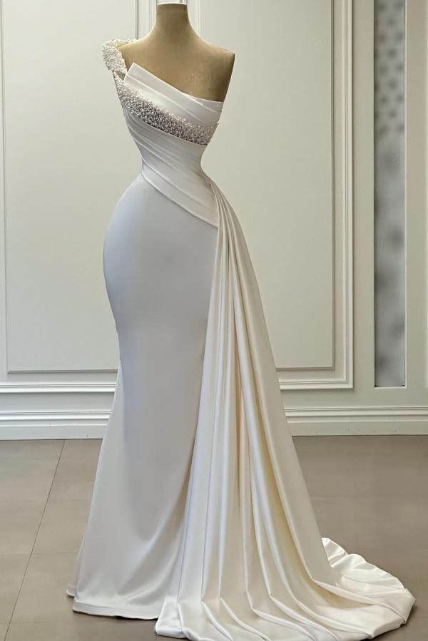 One Shoulder Beaded Mermaid White Satin Long Prom Dress-BallBride
