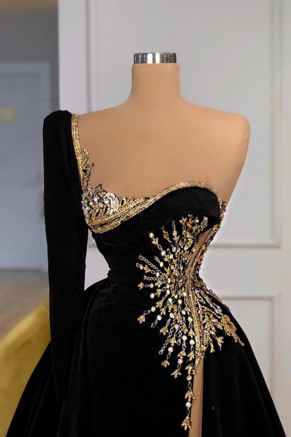 One Shoulder Black Velvet A-line Prom Dress with Beads and Sequins-BallBride